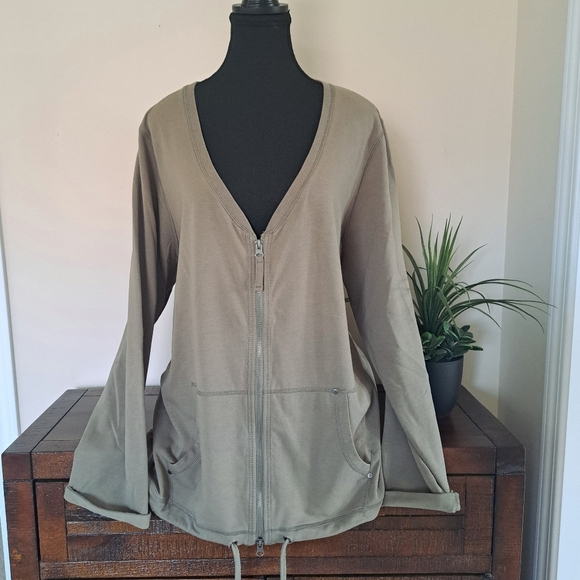 Cotton Ginny Zip Front Cardigan Top Womens Medium Green Oversized Casual - Picture 1 of 9
